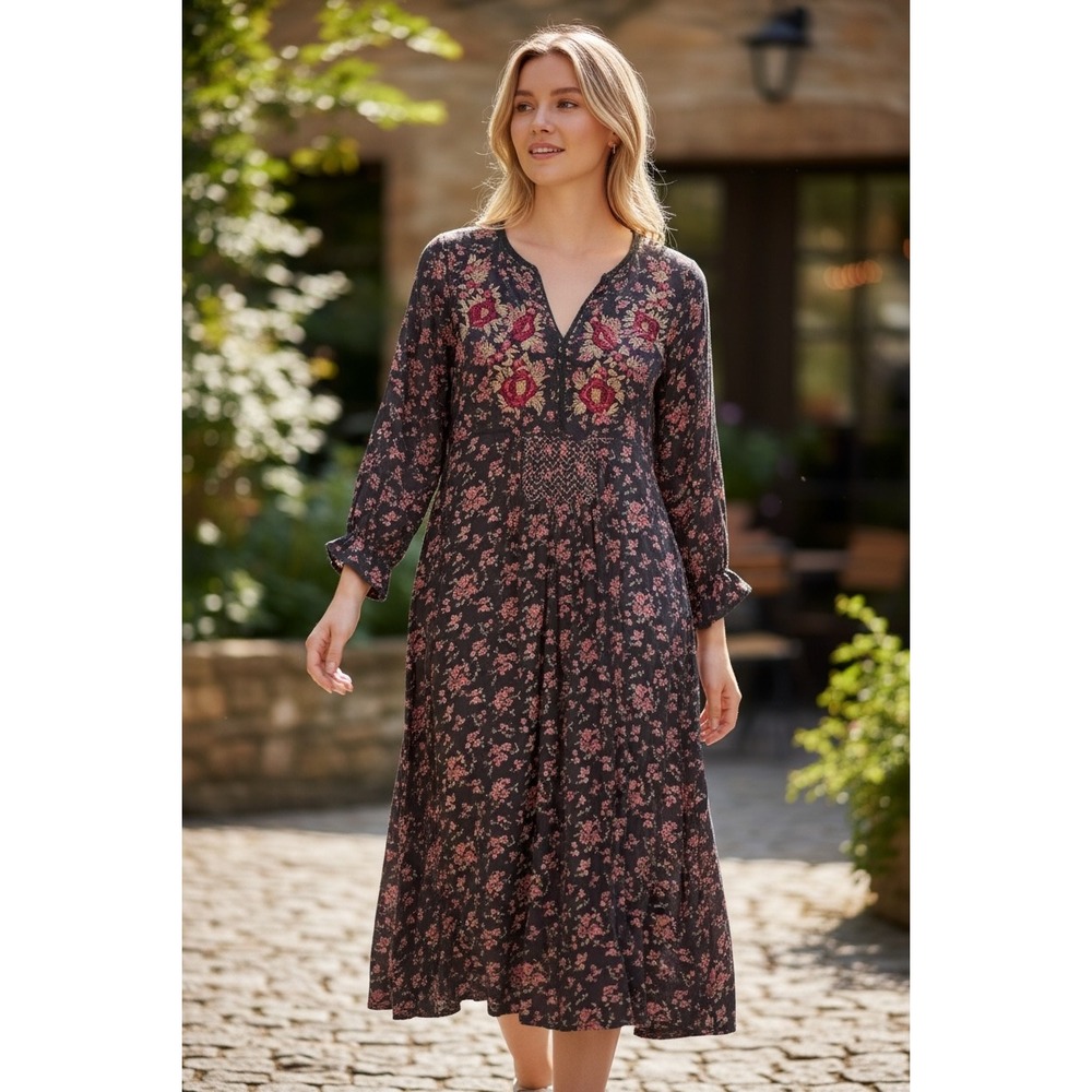 April Cornell Romantic Floral Embroidery Rayon Midi Dress XS Cottagecore Boho